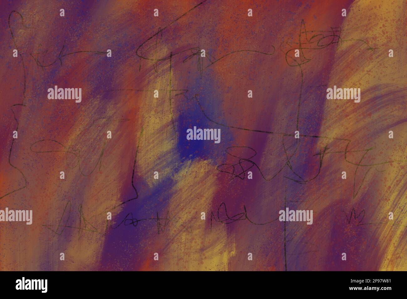 Un code secret caché manuscrit est partiellement visible sous des traits de peinture multicolores dans cette peinture numérique abstraite. Banque D'Images