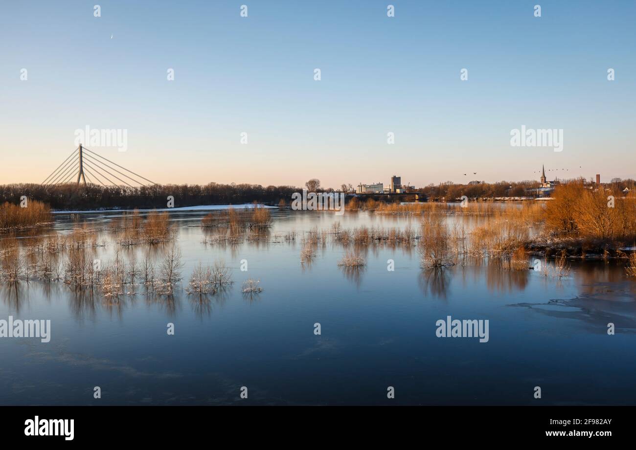 Wesel, Rhénanie-du-Nord-Westphalie, Allemagne - Ensoleillé paysage d'hiver dans la région de la Ruhr, glace et neige sur la Lippe, Lippeauen peu avant la confluence avec le Rhin, à gauche le Niederrheinbrücke Wesel sur le Rhin, à droite la cathédrale de Willibordi. Banque D'Images