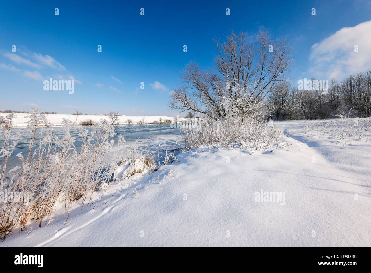 Hamm, Rhénanie-du-Nord-Westphalie, Allemagne - Paysage hivernal ensoleillé dans la région de la Ruhr, glace et neige sur la Lippe. Banque D'Images