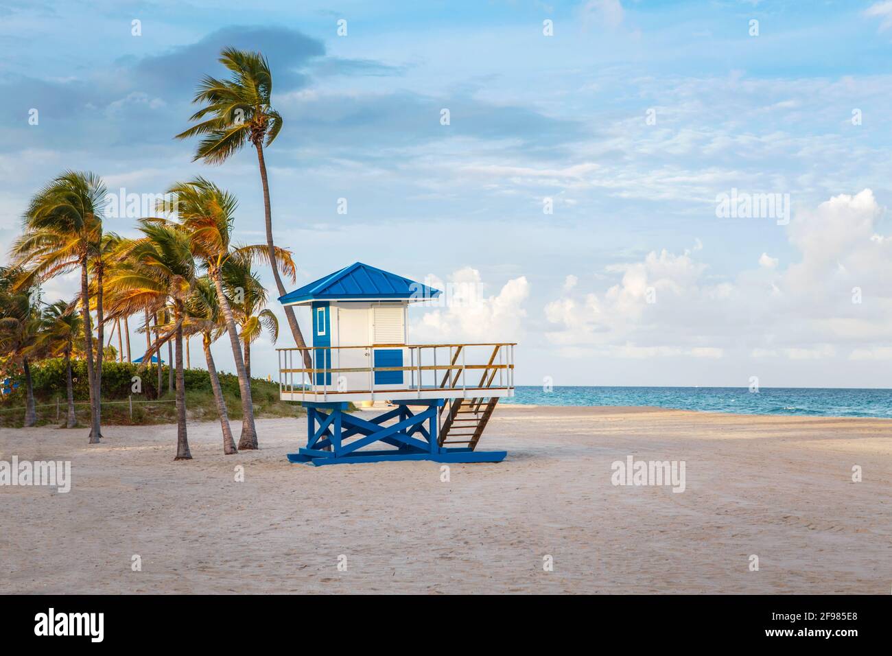 Paysage de plage vide de Floride avec palmiers et maître nageur bleu maison Banque D'Images