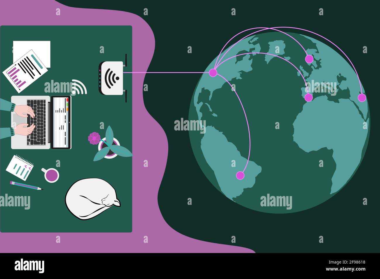 Lieu de travail pour le télétravail ou l'apprentissage et la Terre Illustration de Vecteur