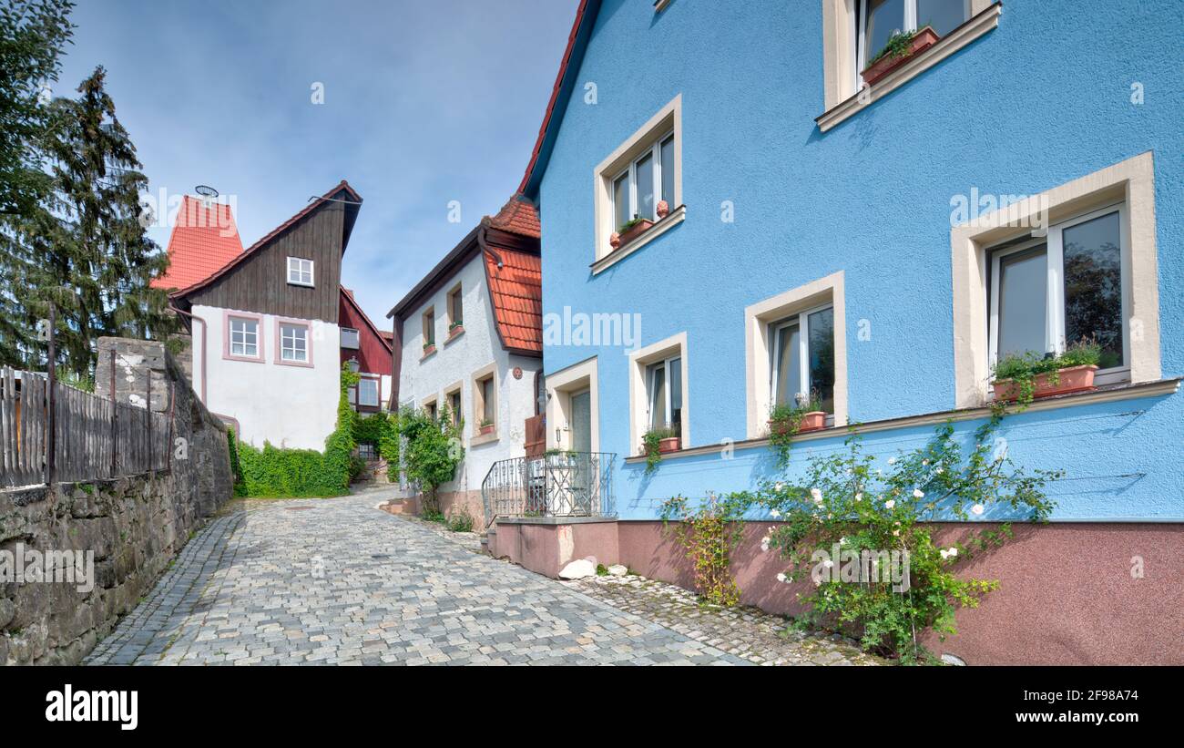 Façade de maison, porte, fenêtre, décoration florale, façade, Vieille ville, architecture, automne, Kronach, Franconie, Bavière, Allemagne, Banque D'Images