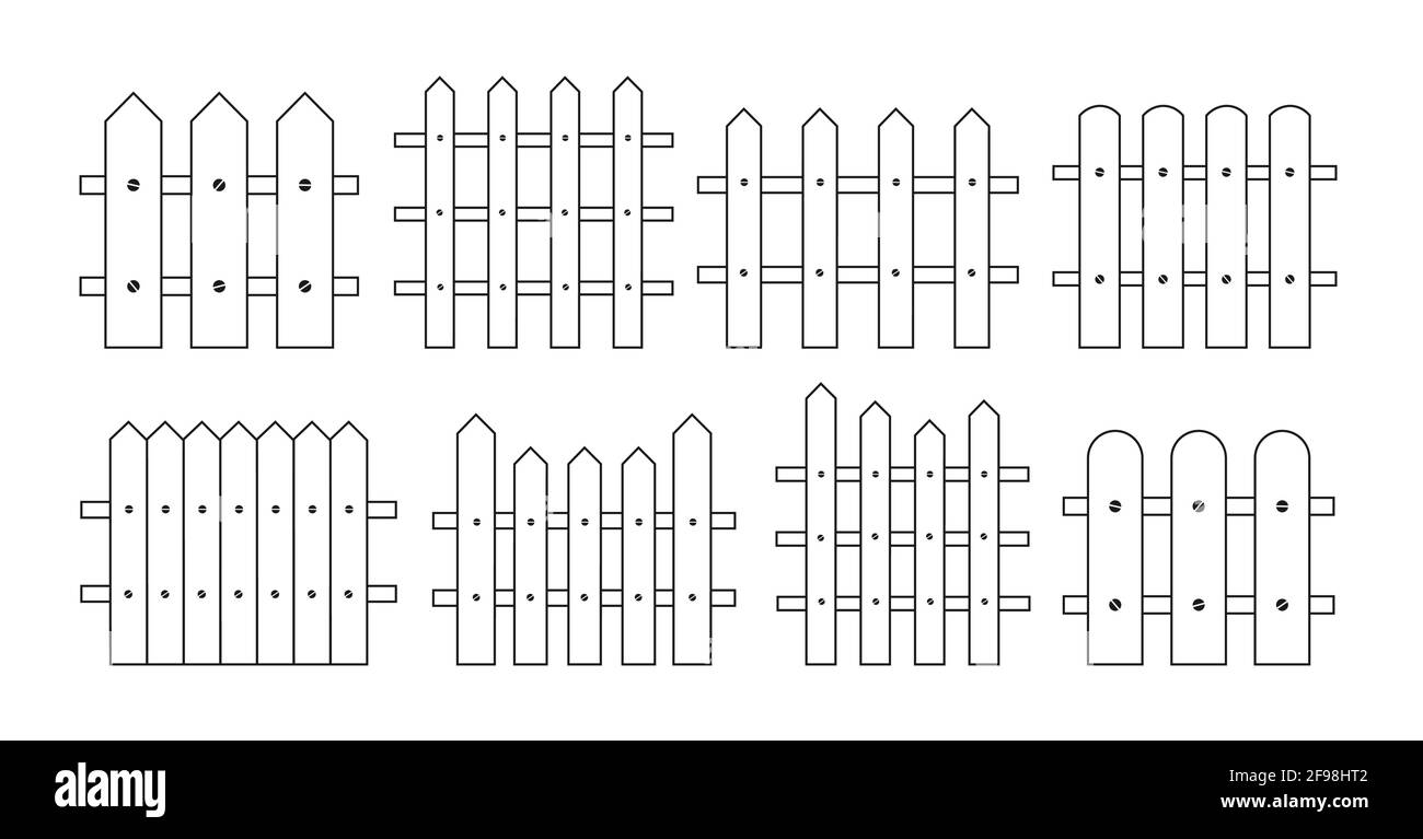 Ensemble de dessins animés à lignes noires de clôture. Clôtures rurales en bois, piquets de grève jardin murs en bois concepts de maison. Piquetage, pâturage, clôture et mur dessinés à la main, collecte. Illustration vectorielle isolée Illustration de Vecteur