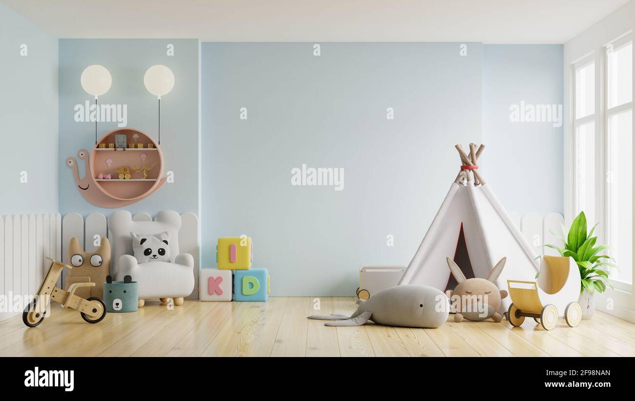 Mur maquette dans la chambre des enfants sur mur bleu clair Arrière-plan.rendu 3D Banque D'Images
