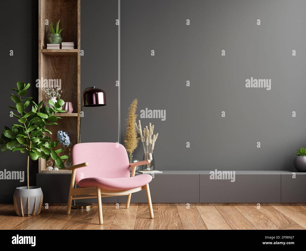 Intérieur coloré avec un fauteuil rose sur un mur sombre vide Arrière-plan,rendu 3D Banque D'Images