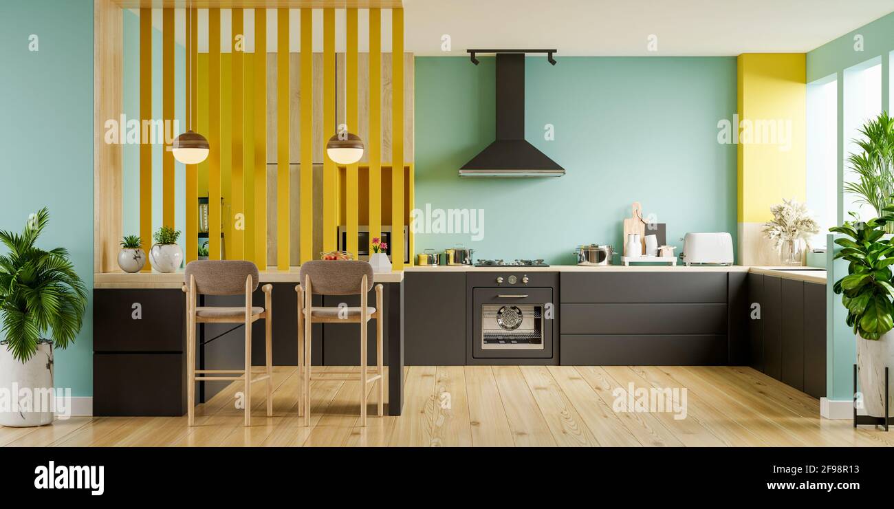 Cuisine intérieure moderne avec mobilier.intérieur de cuisine élégant avec mur vert.3D Rendu Banque D'Images