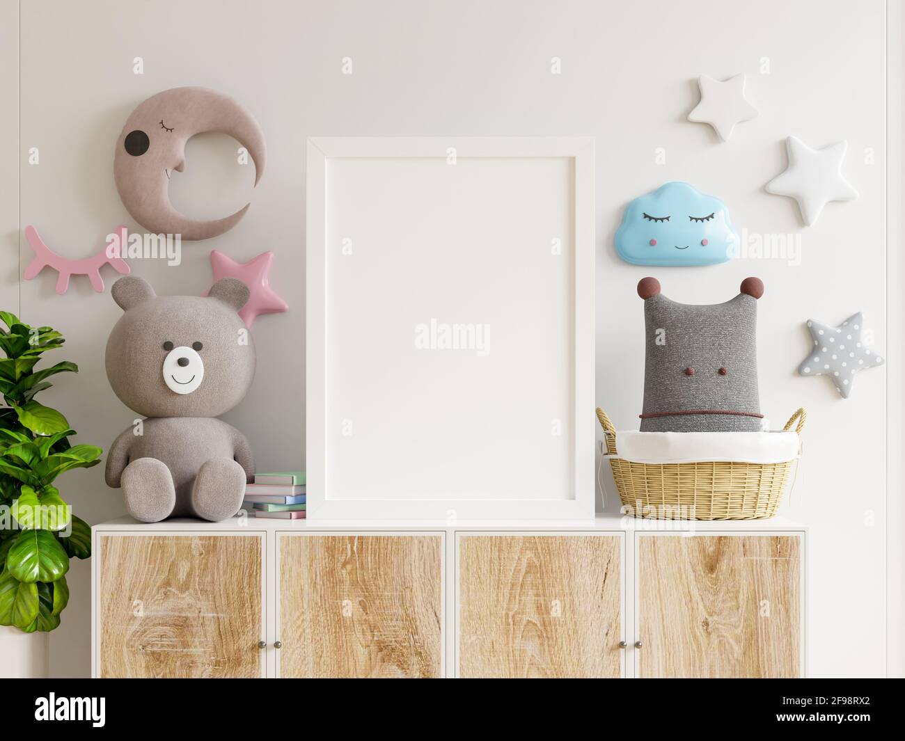 Affiches de maquette dans l'intérieur de la chambre d'enfant, affiches sur armoire en bois, rendu 3D Banque D'Images