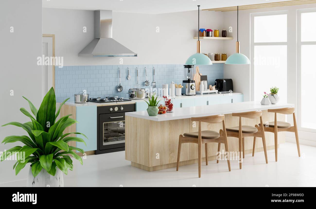 Cuisine intérieure moderne avec mobilier.intérieur de cuisine élégant avec mur blanc.3D Rendu Banque D'Images