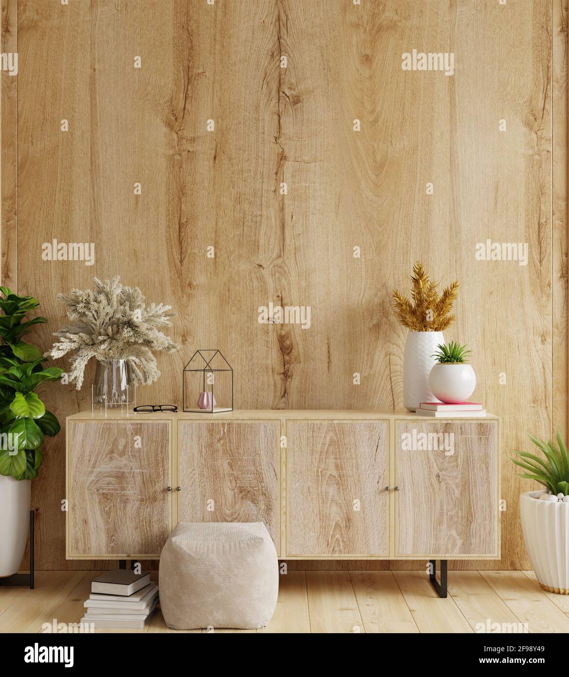 Armoire dans un salon moderne avec décoration sur un mur en bois arrière-plan,rendu 3d Banque D'Images