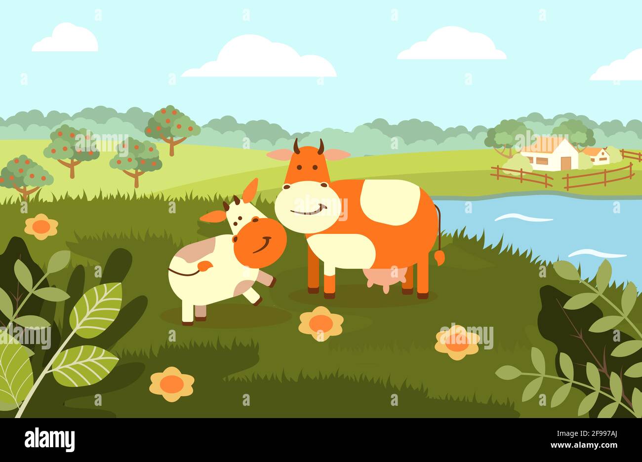 Une vache avec un veau sur le fond d'un paysage rural. Illustration vectorielle plate Illustration de Vecteur