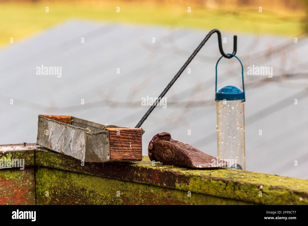 Un mangeoire à oiseaux fait maison rustique perches à côté d'un coin de séparation bien utilisé sur un rail de pont couvert de lichen avec un mangeoire à oiseaux suspendu en arrière-plan. Banque D'Images