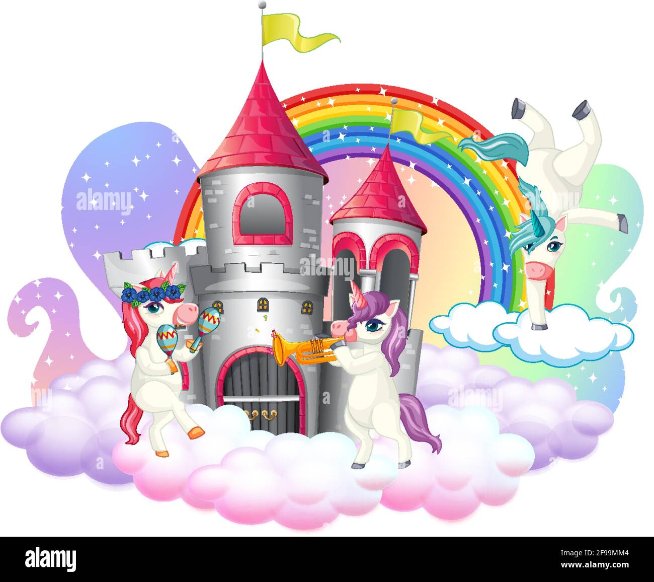 Beaucoup de personnages de dessin animé de licorns mignons avec château