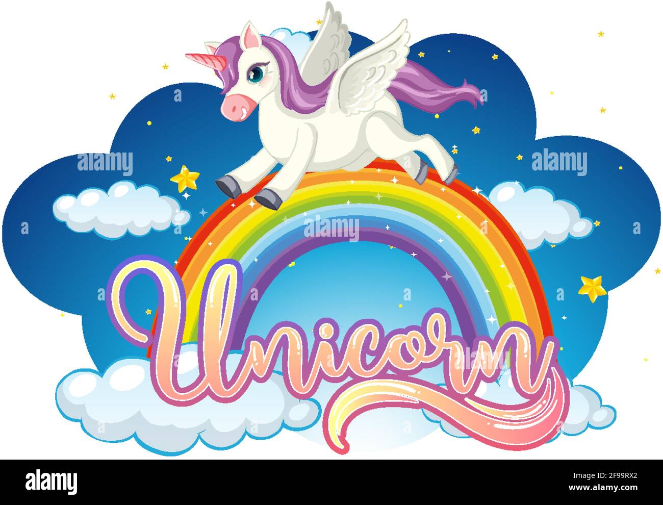 Personnage de dessin animé d'unicorn debout sur l'arc-en-ciel avec police unicorn illustration Illustration de Vecteur