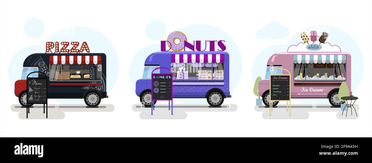 Ensemble de chariots alimentaires Vector avec pizza, beignets et crème glacée. Illustration vectorielle plate d'un fast-food sur roues avec un auvent rayé et un Illustration de Vecteur