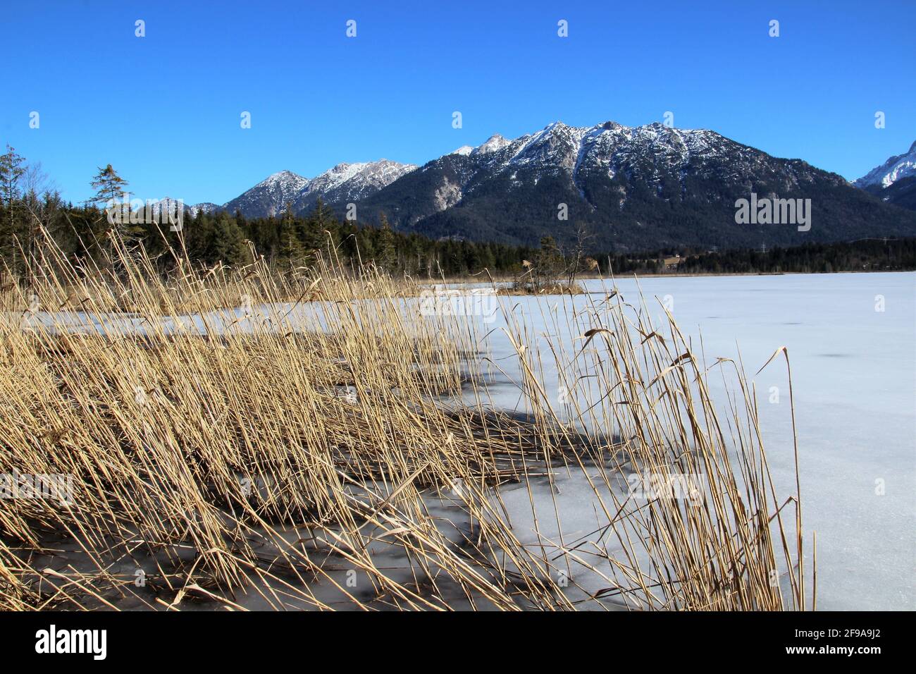 Allemagne, Bavière, Werdenfels, Krün, Barmsee, Paysage d'hiver, montagnes Karwendel, signal Head, Schöttelkarspitze, Allemagne du Sud, Haute-Bavière, paysage, montagnes, montagnes, neige, hiver, zone de la banque, saison atmosphérique, neige, déserte, afficher, Banque D'Images