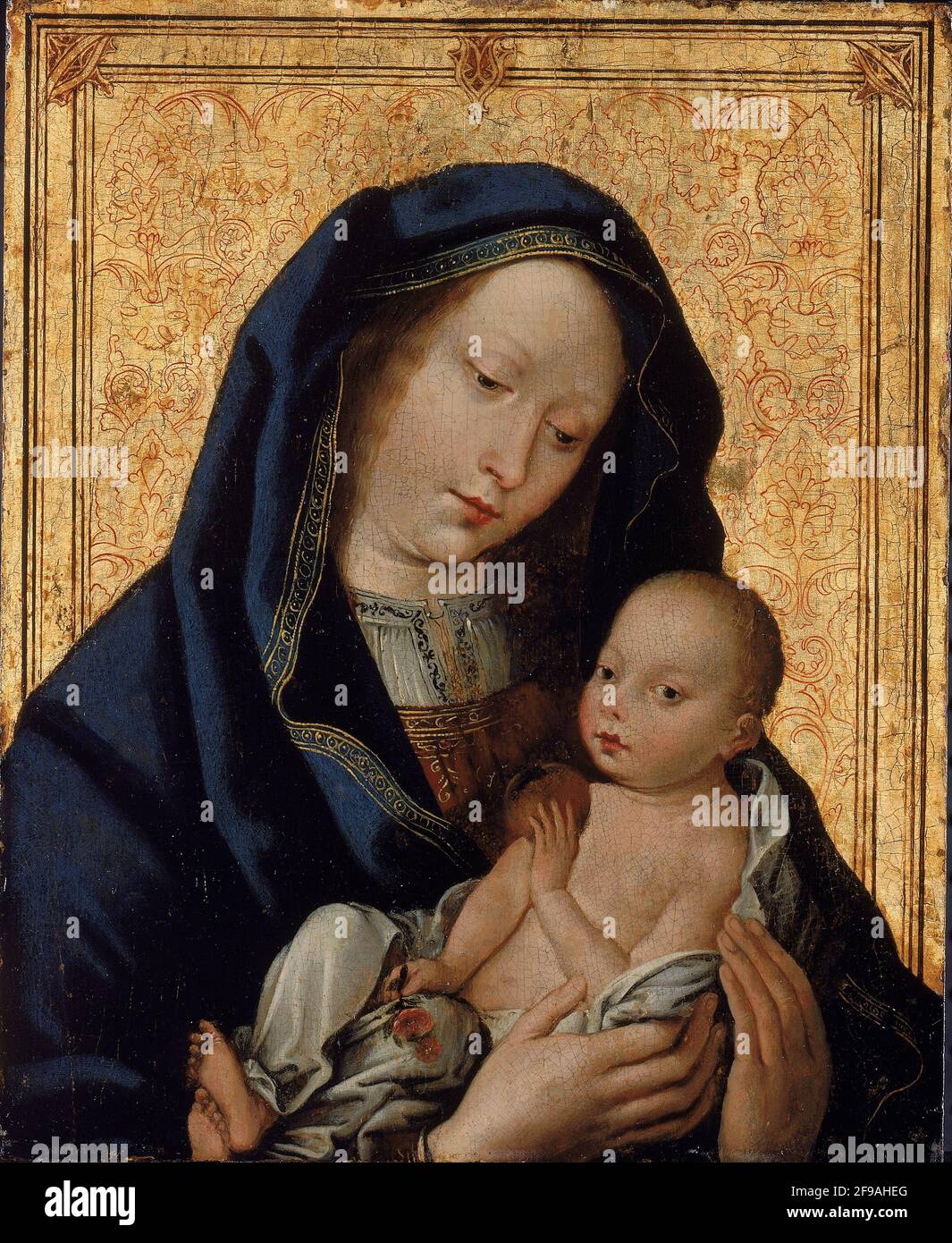 Vierge et enfant avec pomme, XVe siècle. Banque D'Images