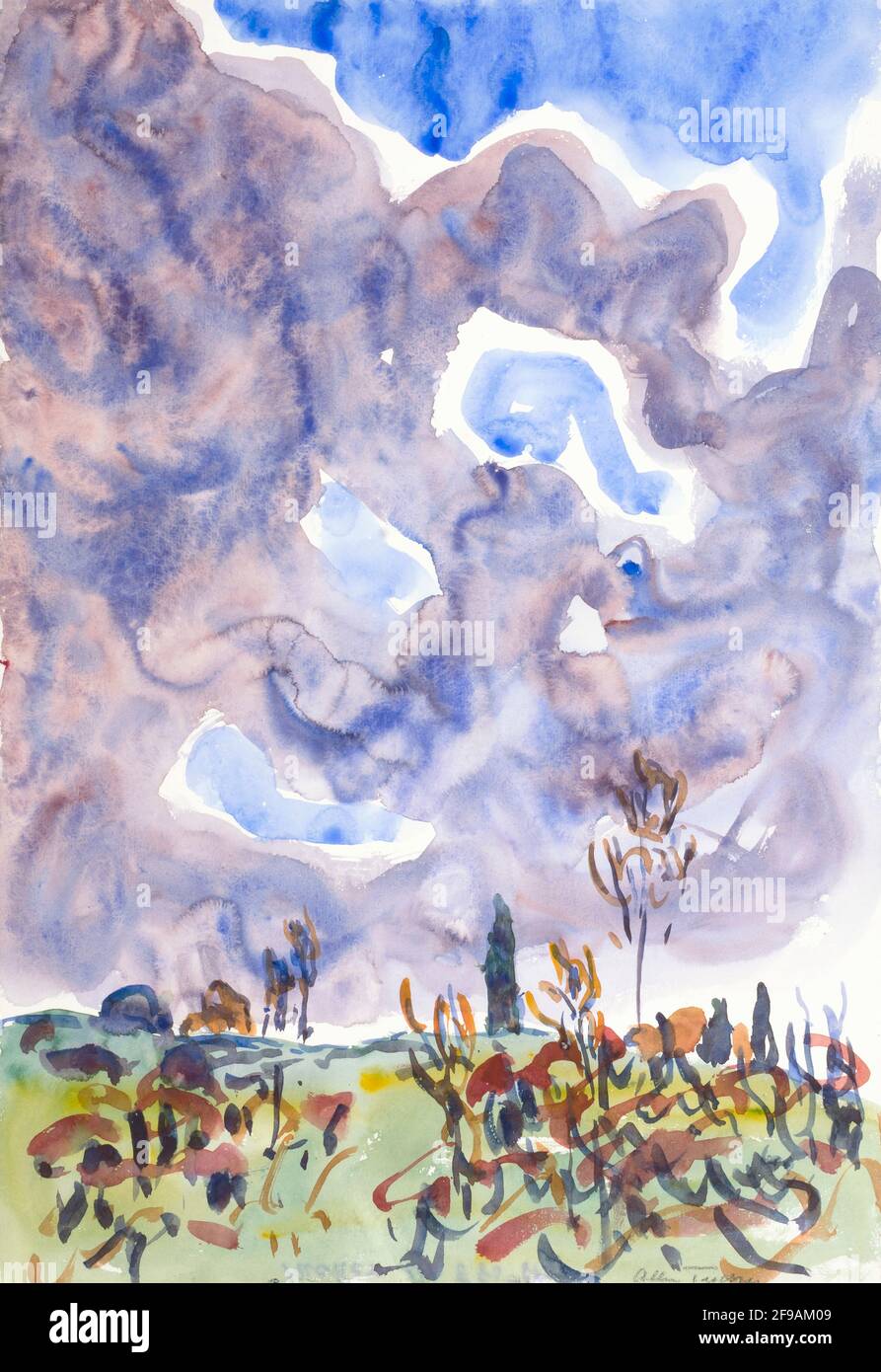 N° aquarelle 31, Paysage avec nuages, env. 1930. Banque D'Images