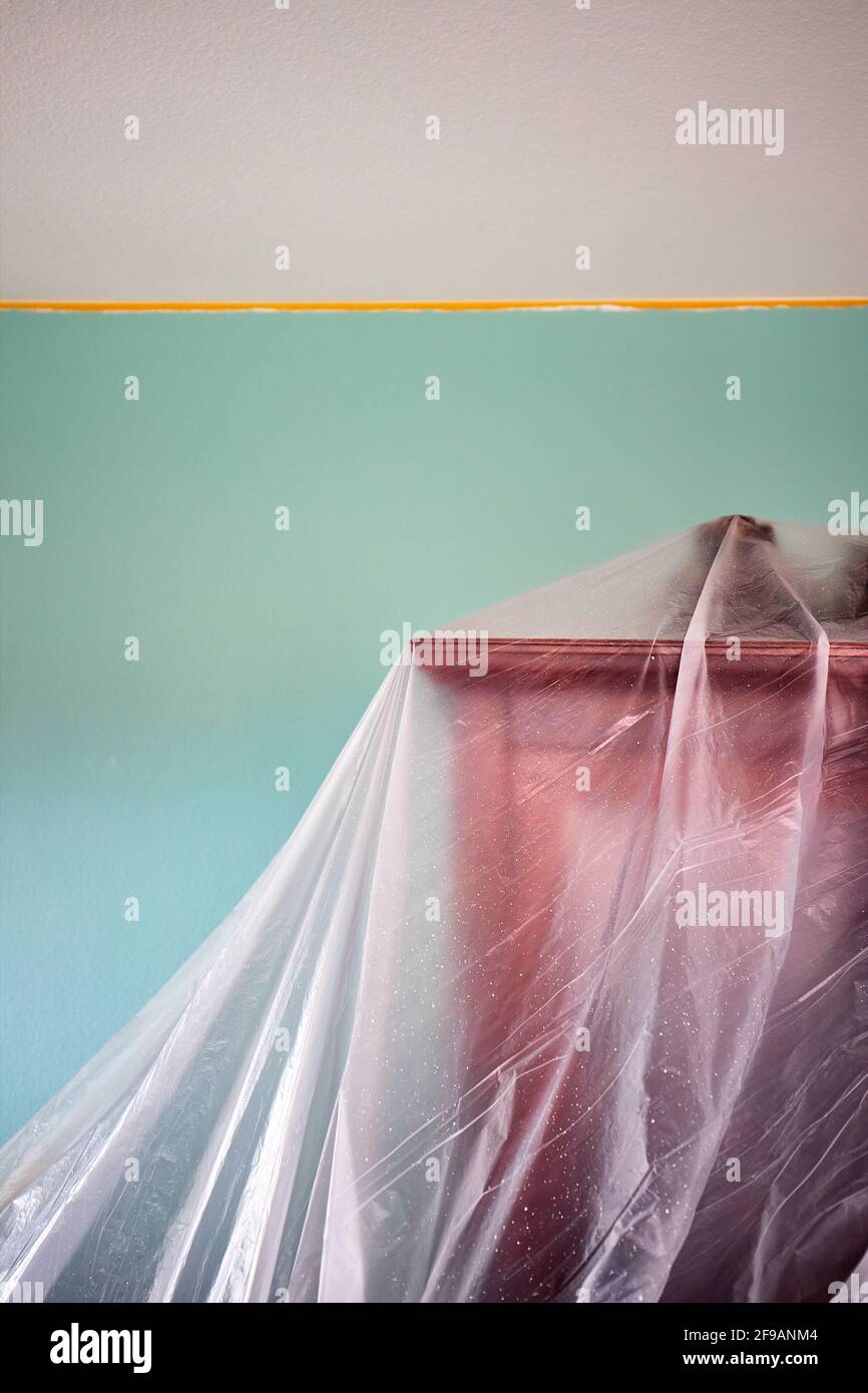 Logement pendant une rénovation. Rénovation, peinture, feuille, placard, meubles, espace de vie couvert Banque D'Images