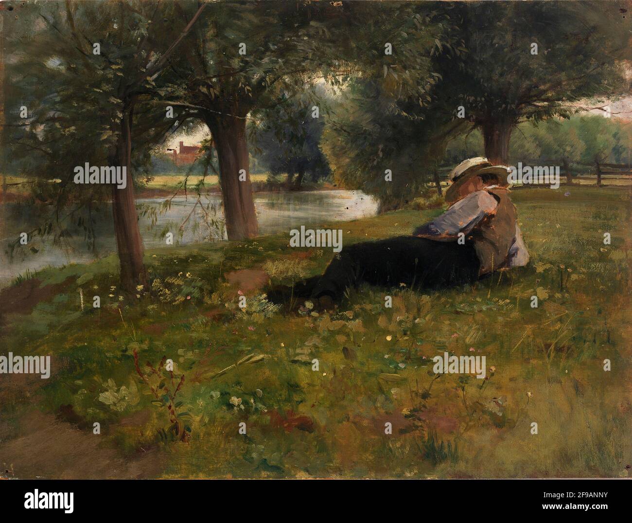 Homme couché à côté d'un ruisseau, fin du XIXe au début du XXe siècle. Banque D'Images