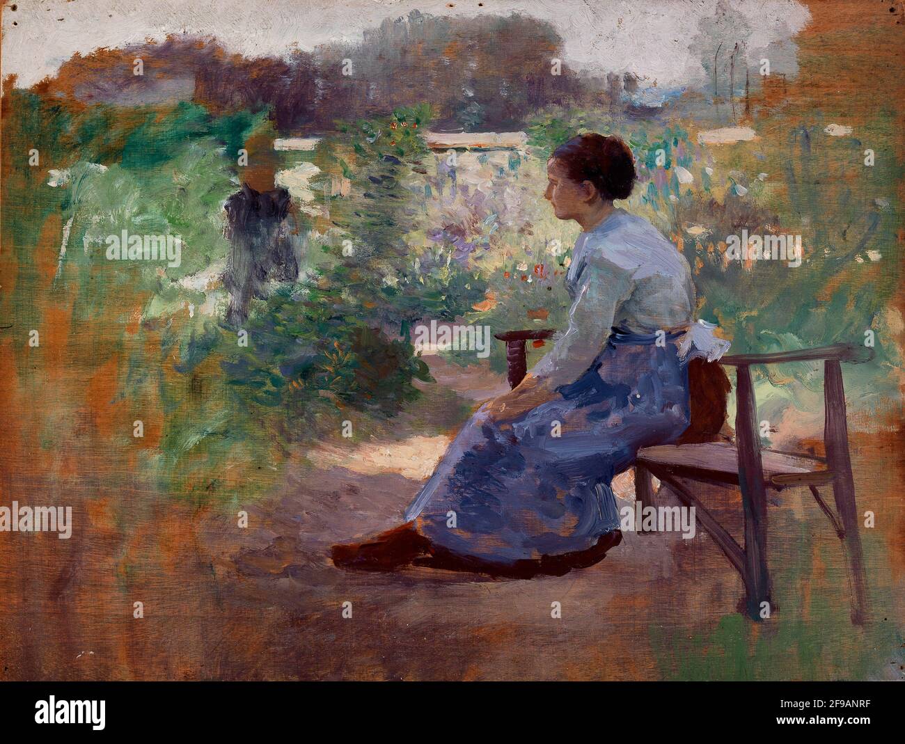 Femme assise dans un jardin, fin du XIXe au début du XXe siècle. Banque D'Images