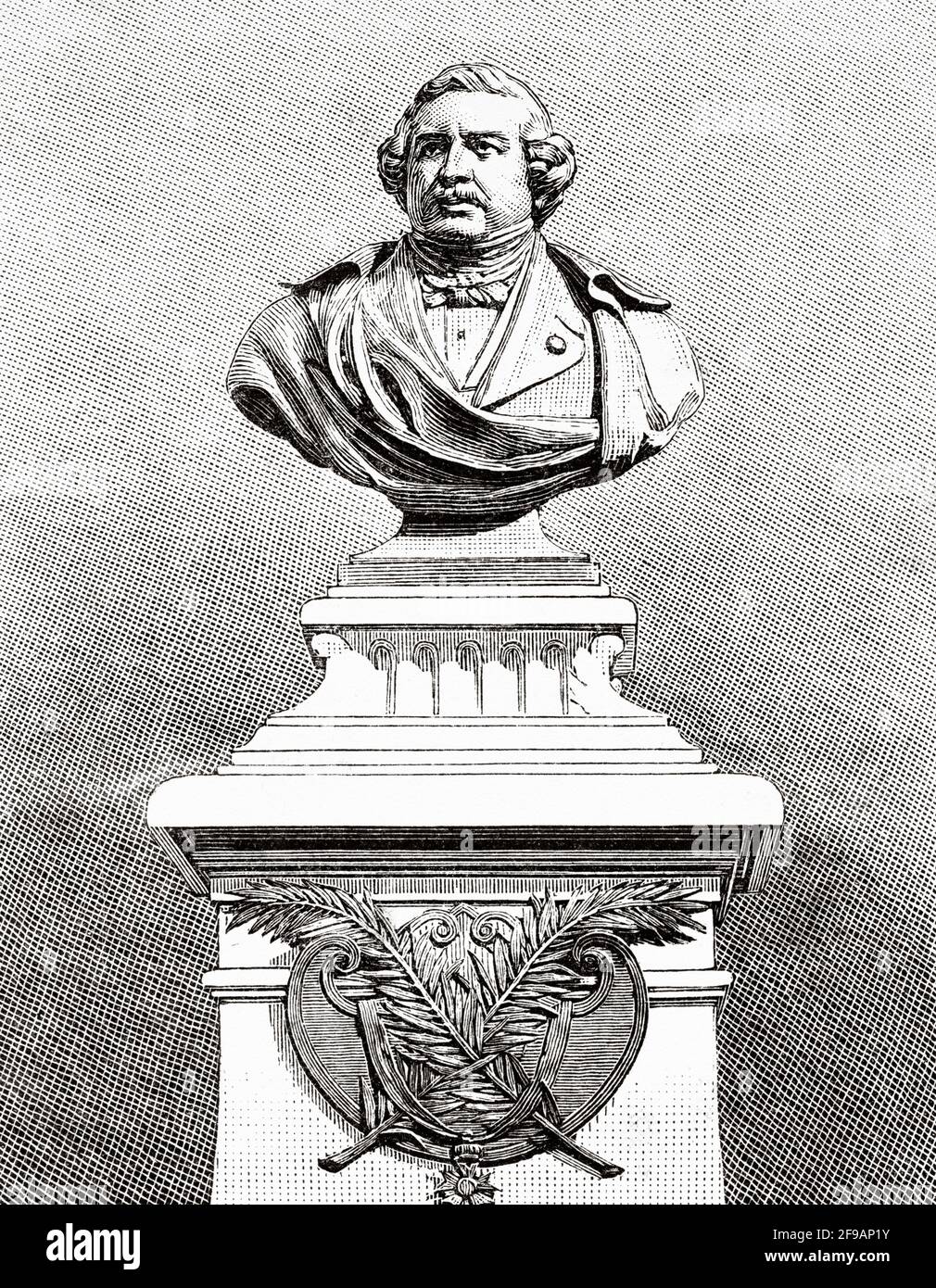 Louis-Jacques-Mandé Daguerre (1787-1851), connu sous le nom de Louis Daguerre, fut le premier populariser de la photographie, après avoir inventé le daguerréotype, et a également travaillé comme peintre et décorateur théâtral. Monument dédié en hommage à Daguerre inauguré à Cormeilles-en-Parisis, Paris le 26 août 1883. France, Europe. Ancienne illustration gravée du XIXe siècle de la nature 1889 Banque D'Images