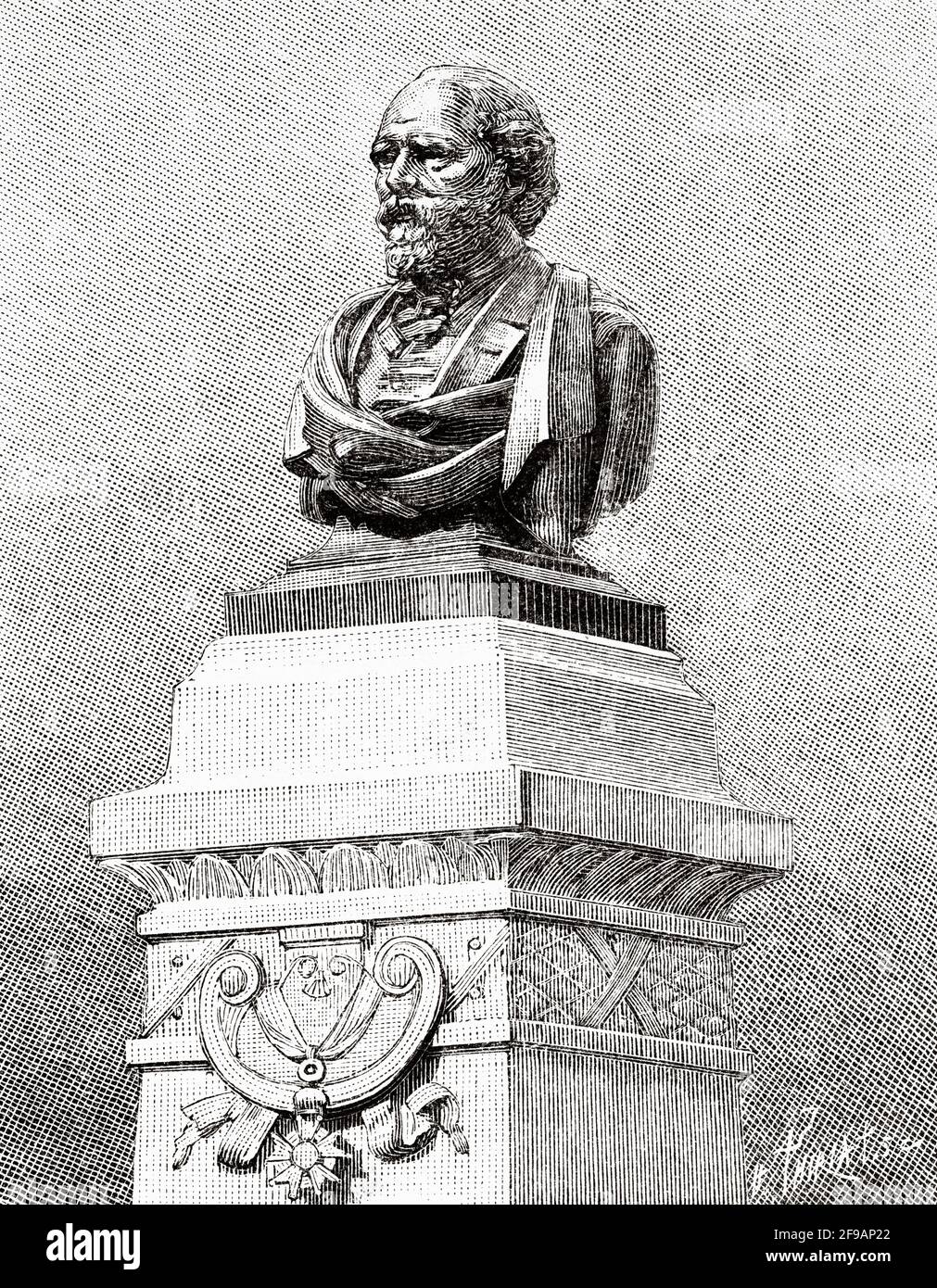 Louis Alphonse Poitevin (1819-1882) est un chercheur et photographe français du XIXe siècle. Monument dédié à Poitevin le 7 septembre 1885 à Saint-Calais, pays de la Loire, département de la Sarthe, dans le quartier Mamers. France, Europe. Ancienne illustration gravée du XIXe siècle de la nature 1889 Banque D'Images
