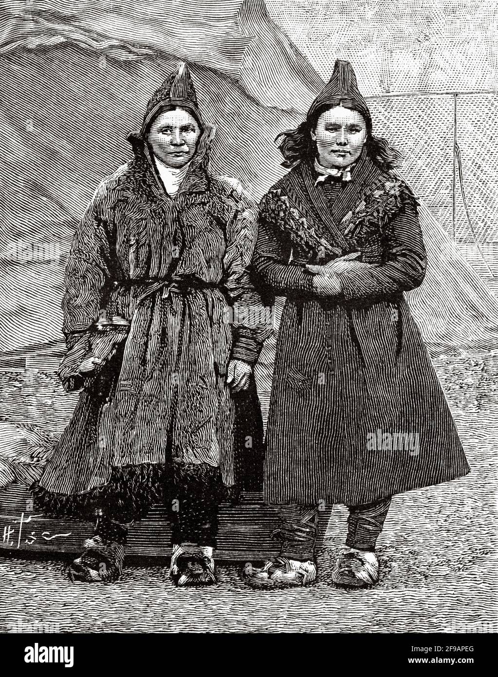 Femmes de Laponie vêtues de robe traditionnelle. Norvège Scandinavie. Ancienne illustration gravée du XIXe siècle de la nature 1889 Banque D'Images Femmes de Laponie vêtues de robe traditionnelle. Norvège Scandinavie. Ancienne illustration gravée du XIXe siècle de la nature 1889 Banque D'Images