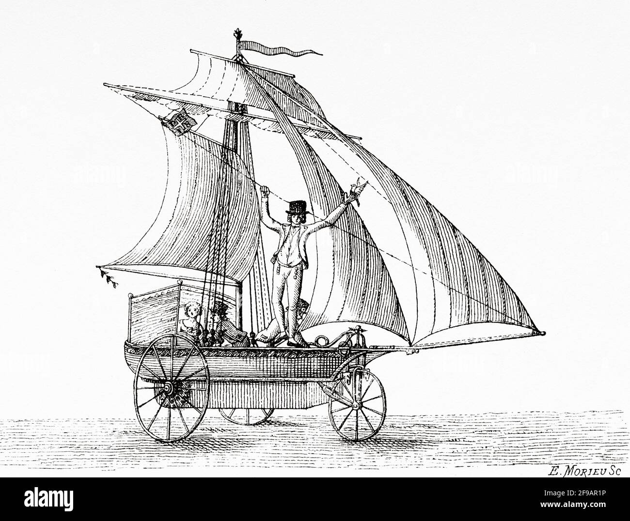 Voiture volante. Voiture à voile construite à Valence 1802, Espagne. Europe. Ancienne illustration gravée du XIXe siècle de la nature 1889 Banque D'Images