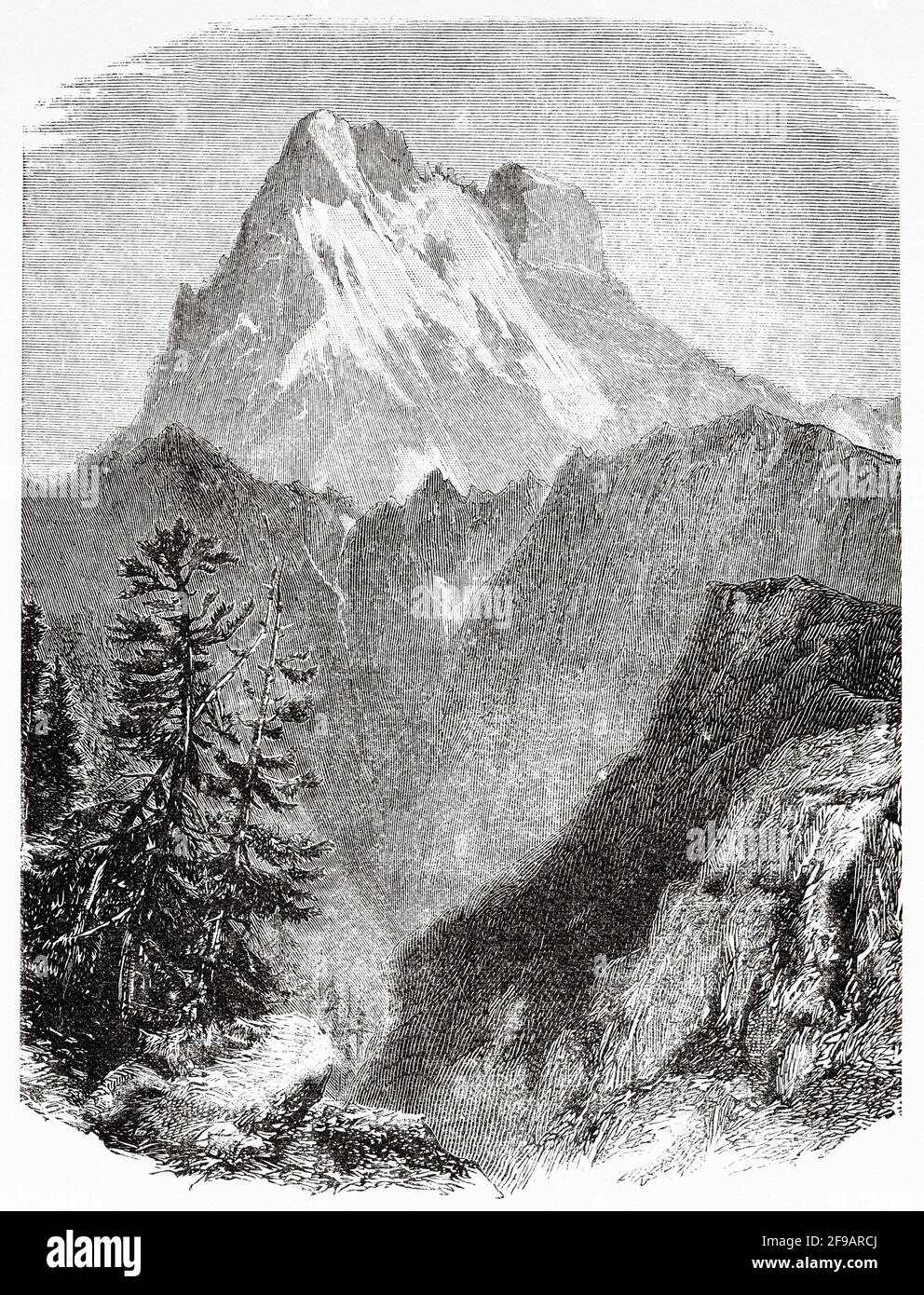 Vue sur le massif du Monviso dans la province de Cuneo, dans les Alpes cottaises. Piémont, fin des années 1800. Italie, Europe. Illustration gravée du XIXe siècle de souvenirs de la réforme en Italie 1883 par John Stoughton (1807-1897) Banque D'Images