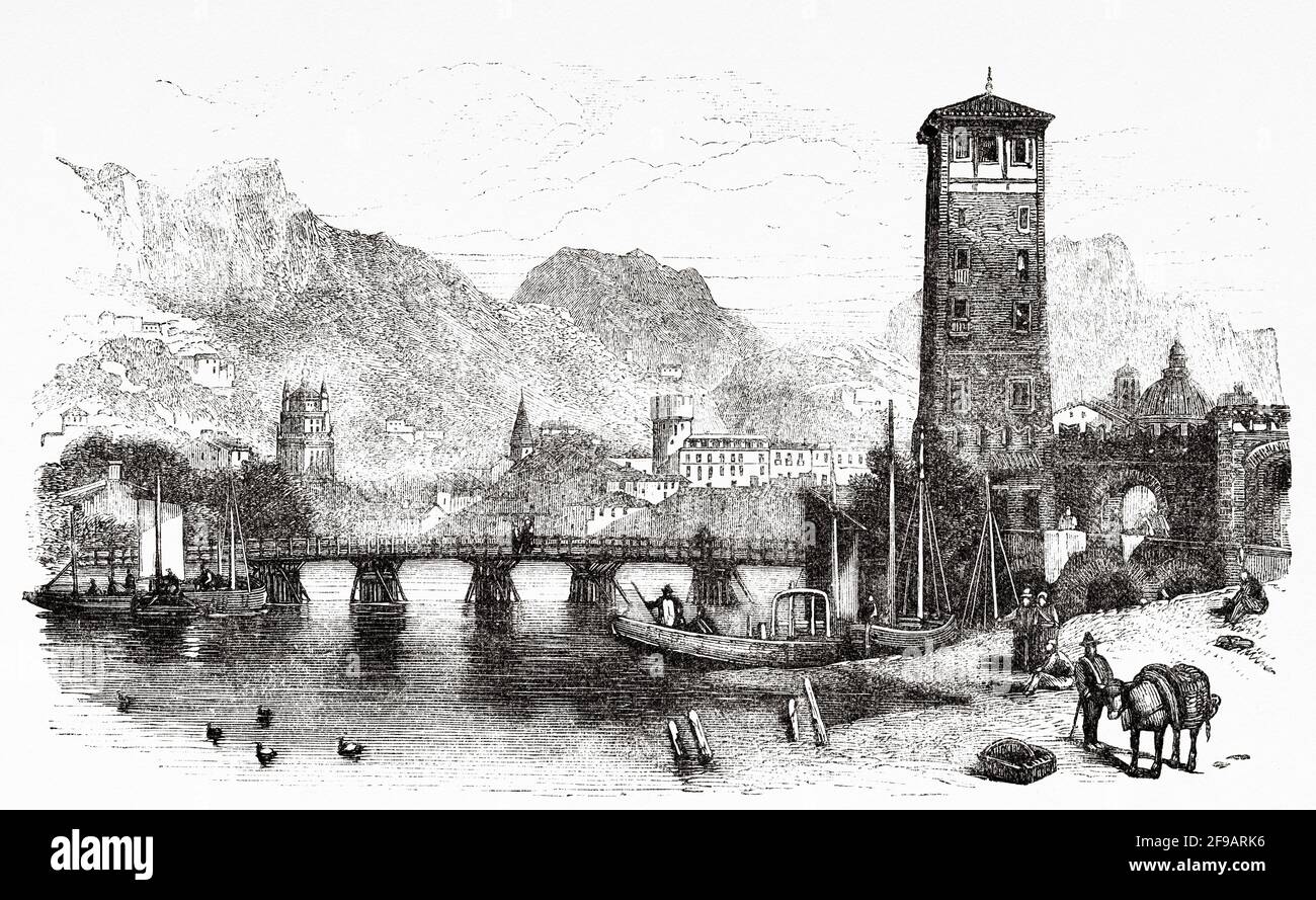 Vue panoramique générale sur la ville de trente, Trentin. Alto Adige, fin du XIXe siècle. Italie, Europe. Illustration gravée du XIXe siècle de souvenirs de la réforme en Italie 1883 par John Stoughton (1807-1897) Banque D'Images