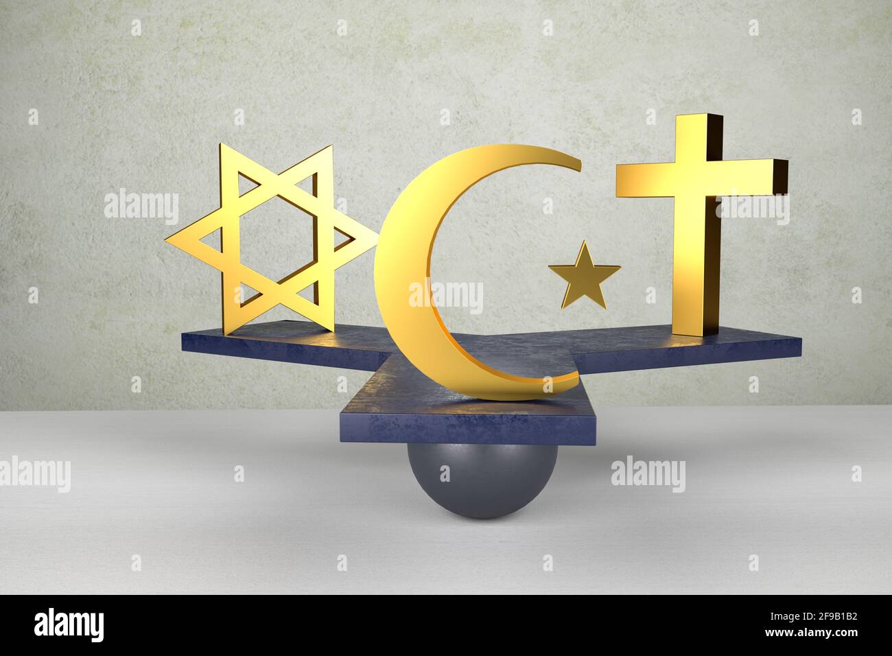 Notion d'égalité des droits: Égalité des religions. Une étoile juive de david, une étoile islamique et un symbole de croissant et une croix chrétienne sur une chaussée à trois pattes Banque D'Images