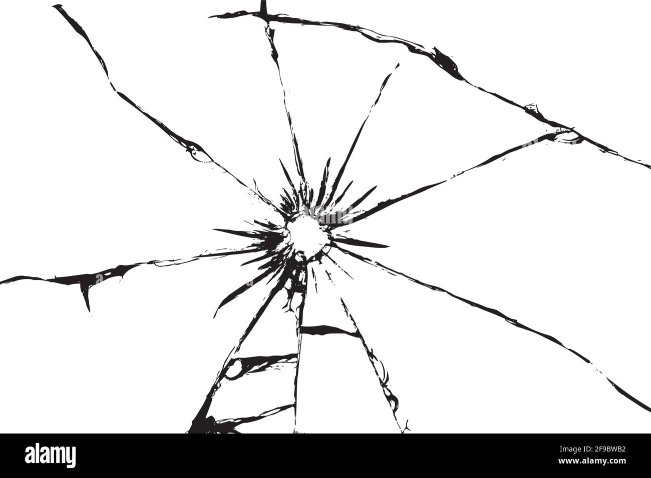 Verre endommagé présentant des fissures, fissures dans le verre résultant de la grenaille. Fenêtre cassée, texture sur fond blanc Illustration de Vecteur