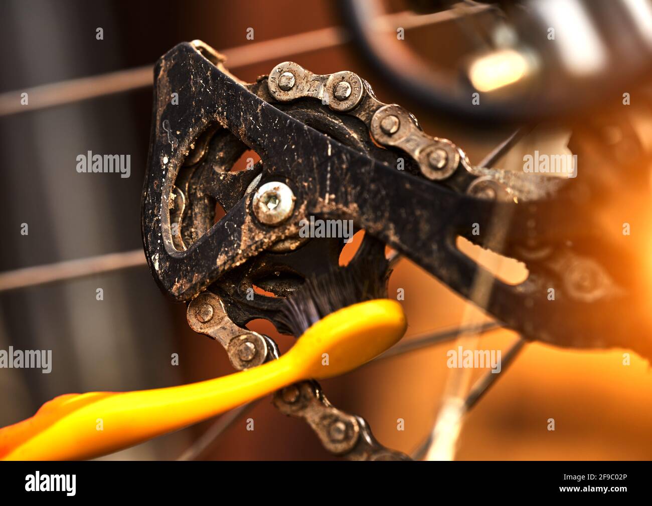 Nettoyage du pignon arrière à l'aide d'une brosse à dents en sur le  dérailleur d'une bicyclette sportive avec des engrenages Photo Stock - Alamy