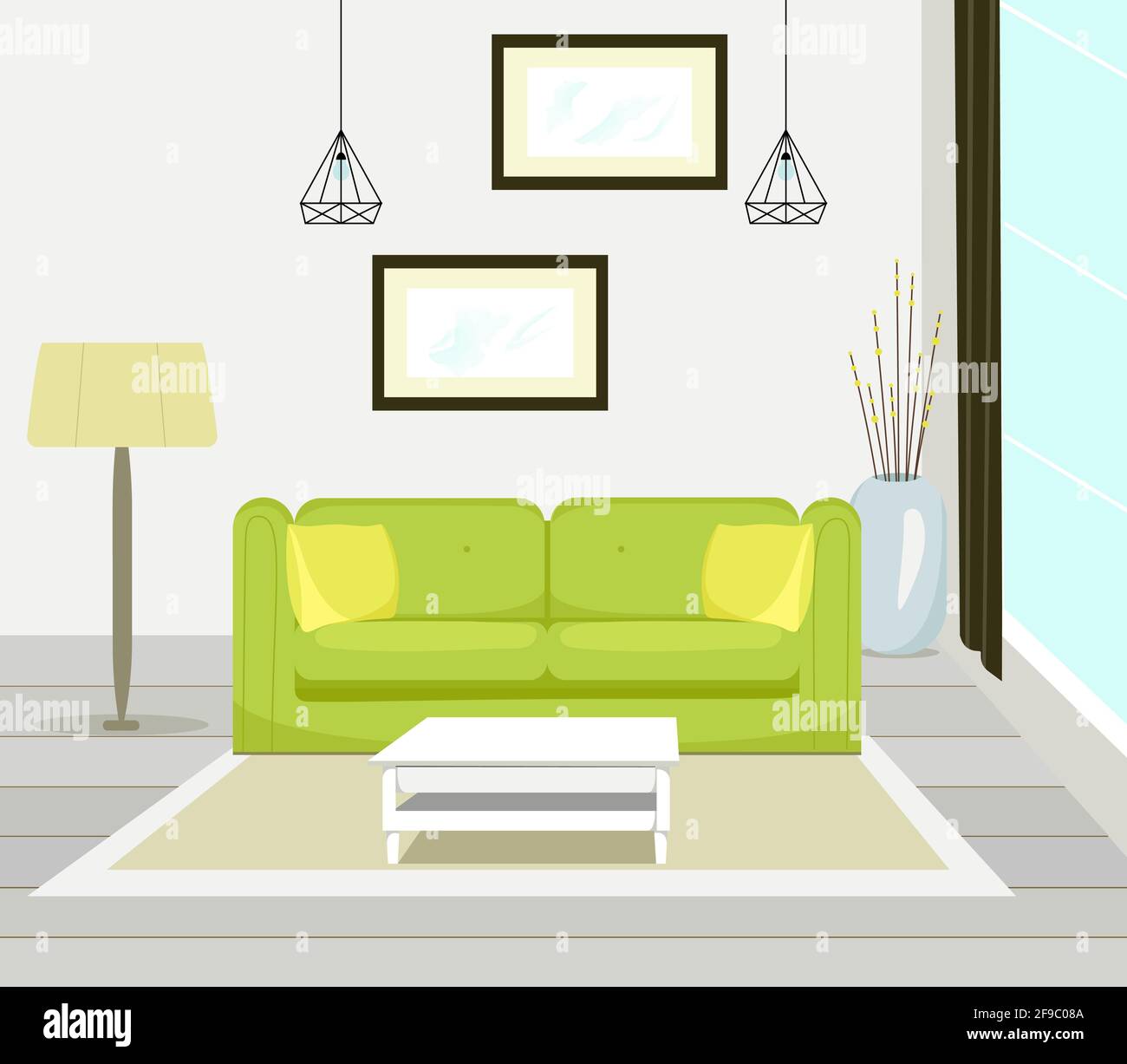 Intérieur de salon moderne avec meubles de canapé, table, lampadaire, grande fenêtre, peinture murale, illustration vectorielle de style plat Illustration de Vecteur