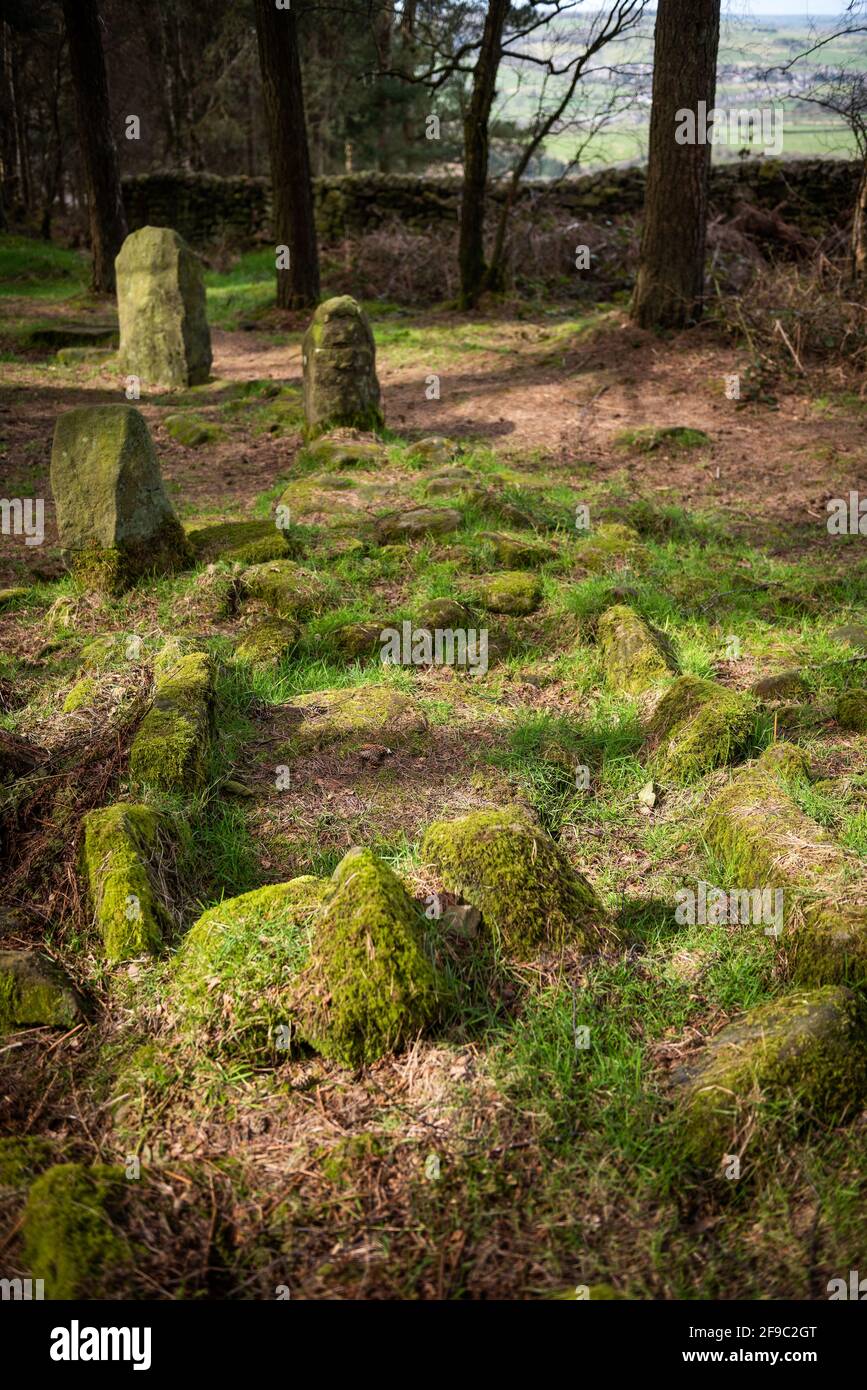 Doll Tor Stone Circle à la limite de Stanton Moor dans le parc national de Peak District, Royaume-Uni Banque D'Images