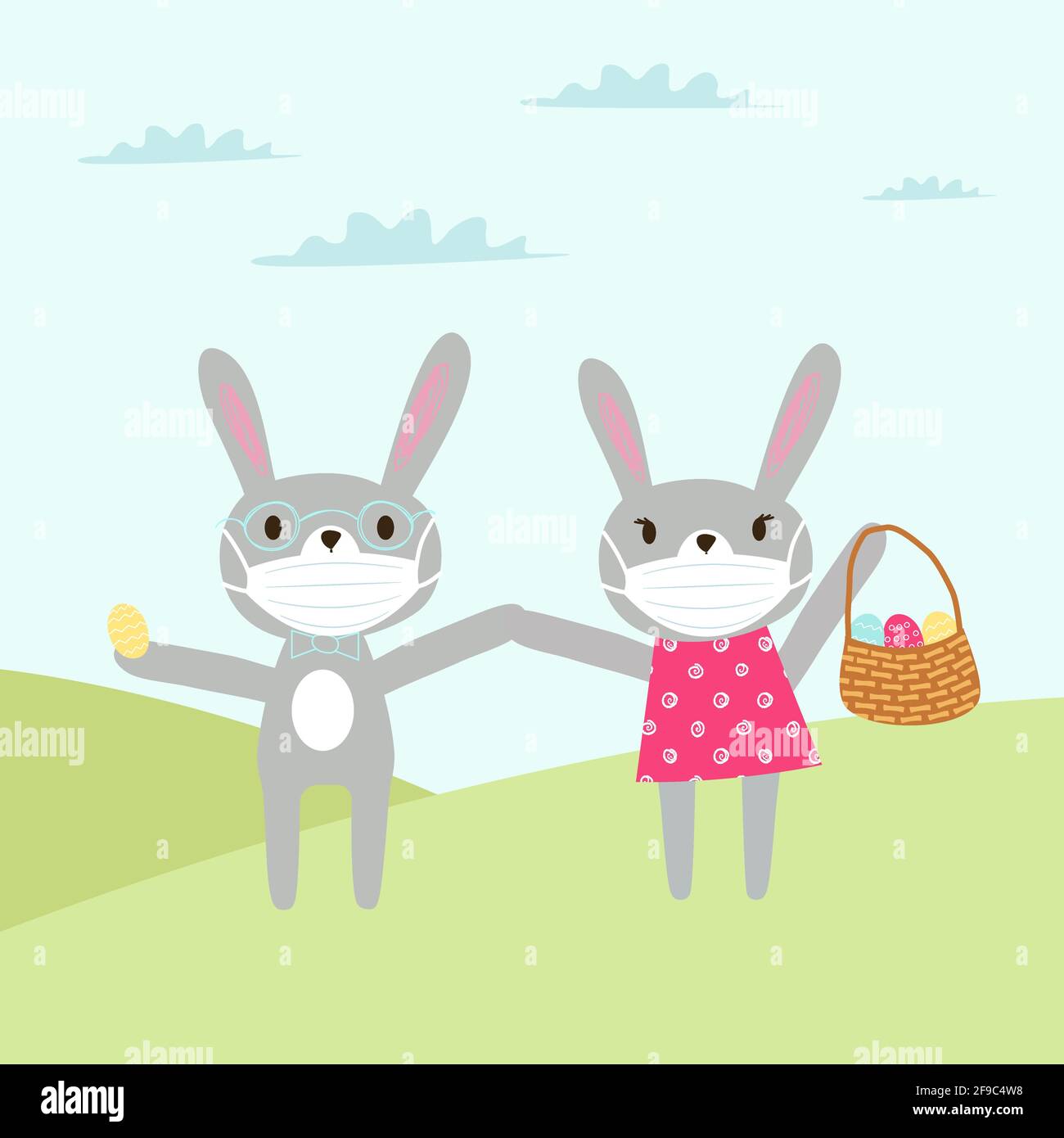 Carte de Pâques Pâques santé. Le lapin dans le masque. Lapin de Pâques dans un masque de protection médicale avec oeuf de pâques pour éviter le coronavirus covid-19. S'aplatissez Illustration de Vecteur