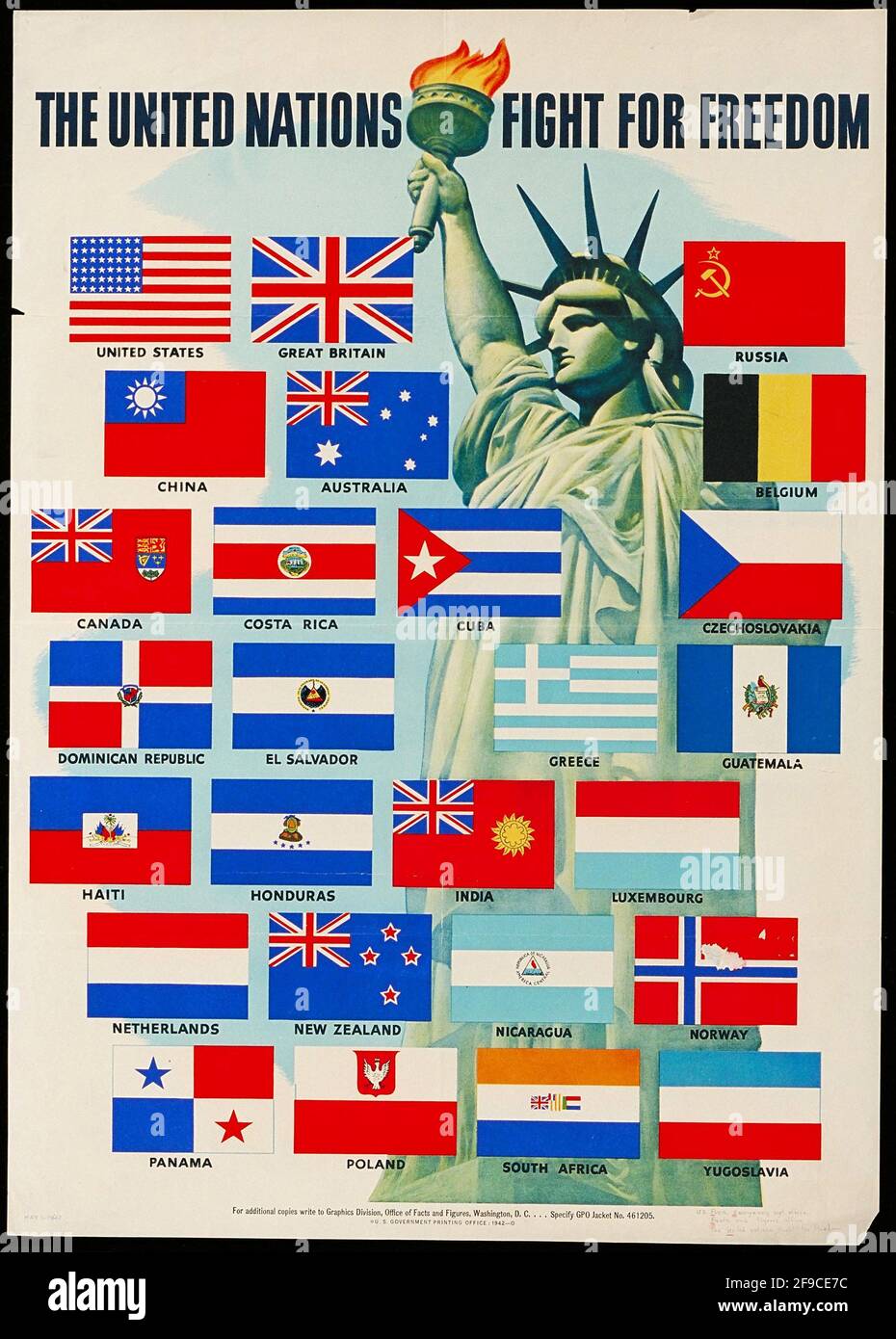 Une affiche américaine de la Seconde Guerre mondiale utilisant des slogans patriotiques pour gagner en soutien à l'effort de guerre, en faisant la promotion des Nations Unies Banque D'Images