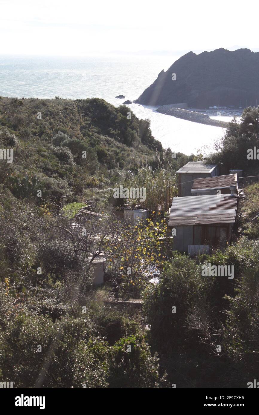 Cabanes en fonte ondulée dans une vallée avec vue sur l'océan Banque D'Images