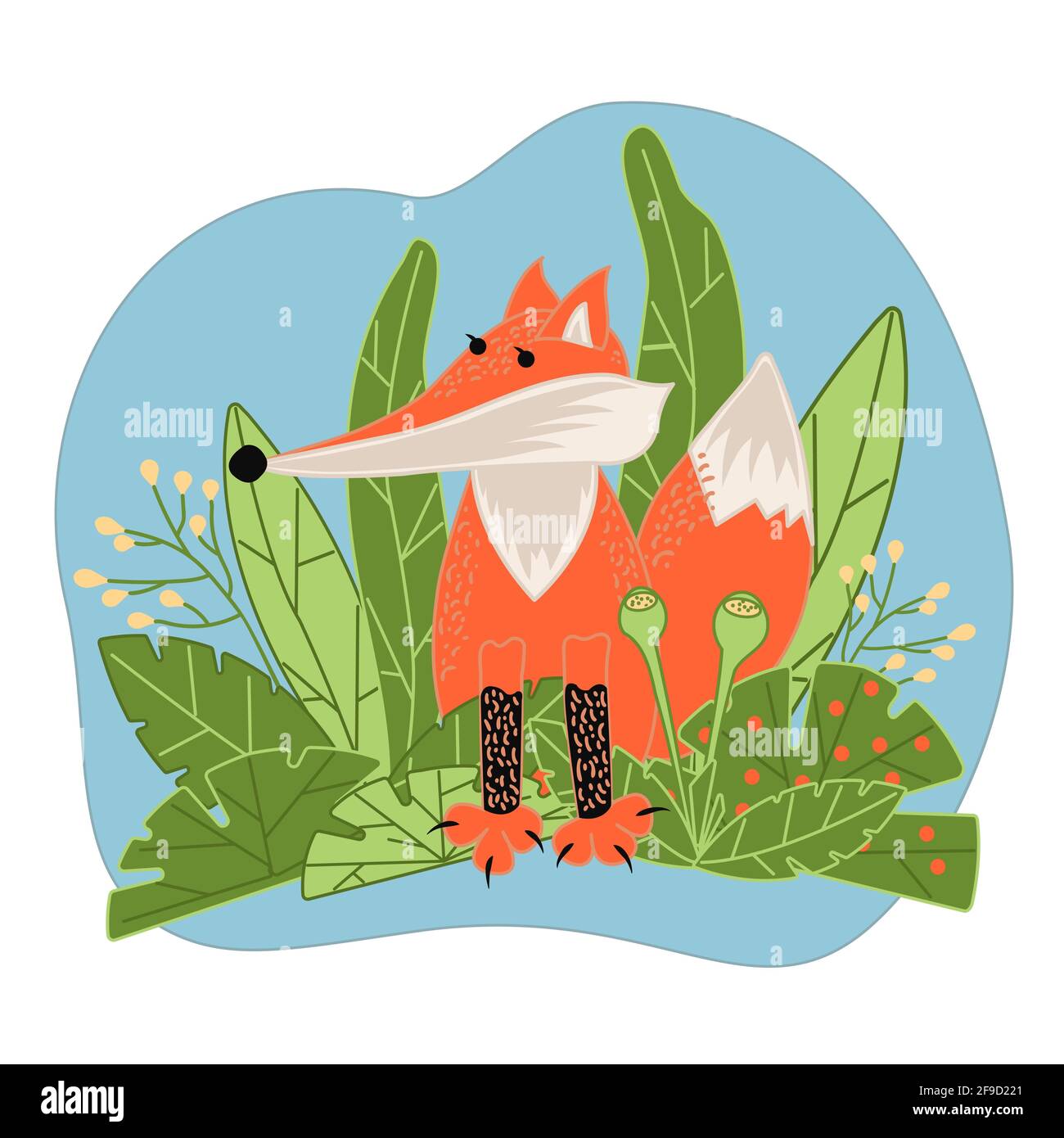 Le renard de dessin animé se trouve au milieu de l'herbe verte et des buissons. Illustration vectorielle d'un animal qui vit dans la forêt. Concept écologique de style plat. Illustration de Vecteur