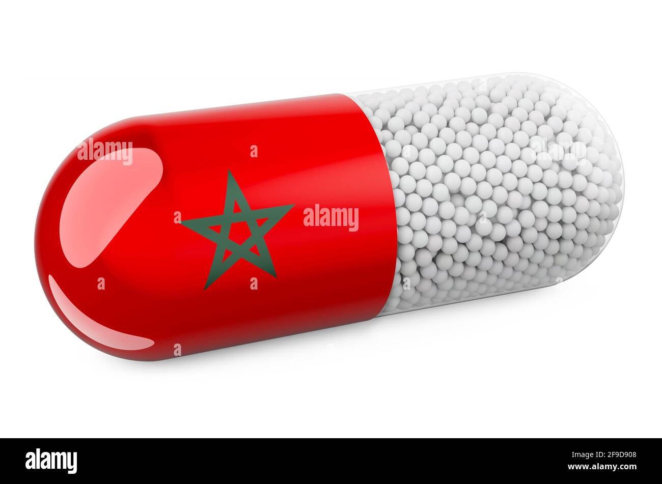 Capsule de pilule avec drapeau marocain. Concept de la santé au Maroc. Rendu 3D isolé sur fond blanc Banque D'Images