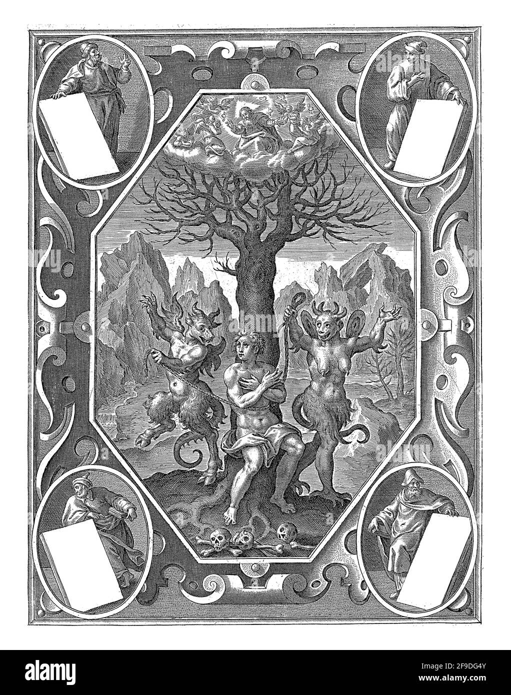 Un jeune homme habillé d'un tissu est attaché à un arbre par un homme et une femme diable. En arrière-plan un paysage rocheux. Aux pieds de l'homme, trois crânes W Banque D'Images