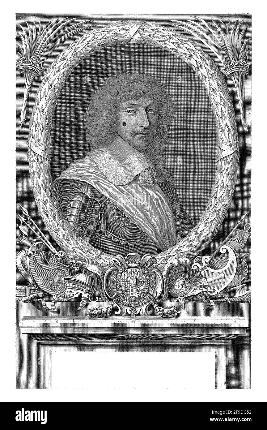 Portrait du maréchal Jean Baptiste Budes, comte de Guebriant, en armure avec une ceinture. Une couronne de Laurier ovale comme un cadre. Banque D'Images