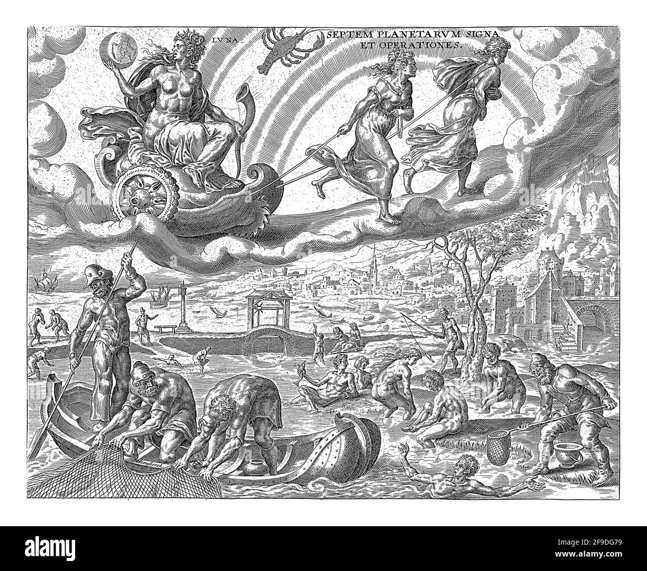 Luna, la lune, avec une corne de chasse dans sa main, est assise dans un char, qui est tiré à travers le ciel par deux filles. Le signe du cancer indique wh Banque D'Images