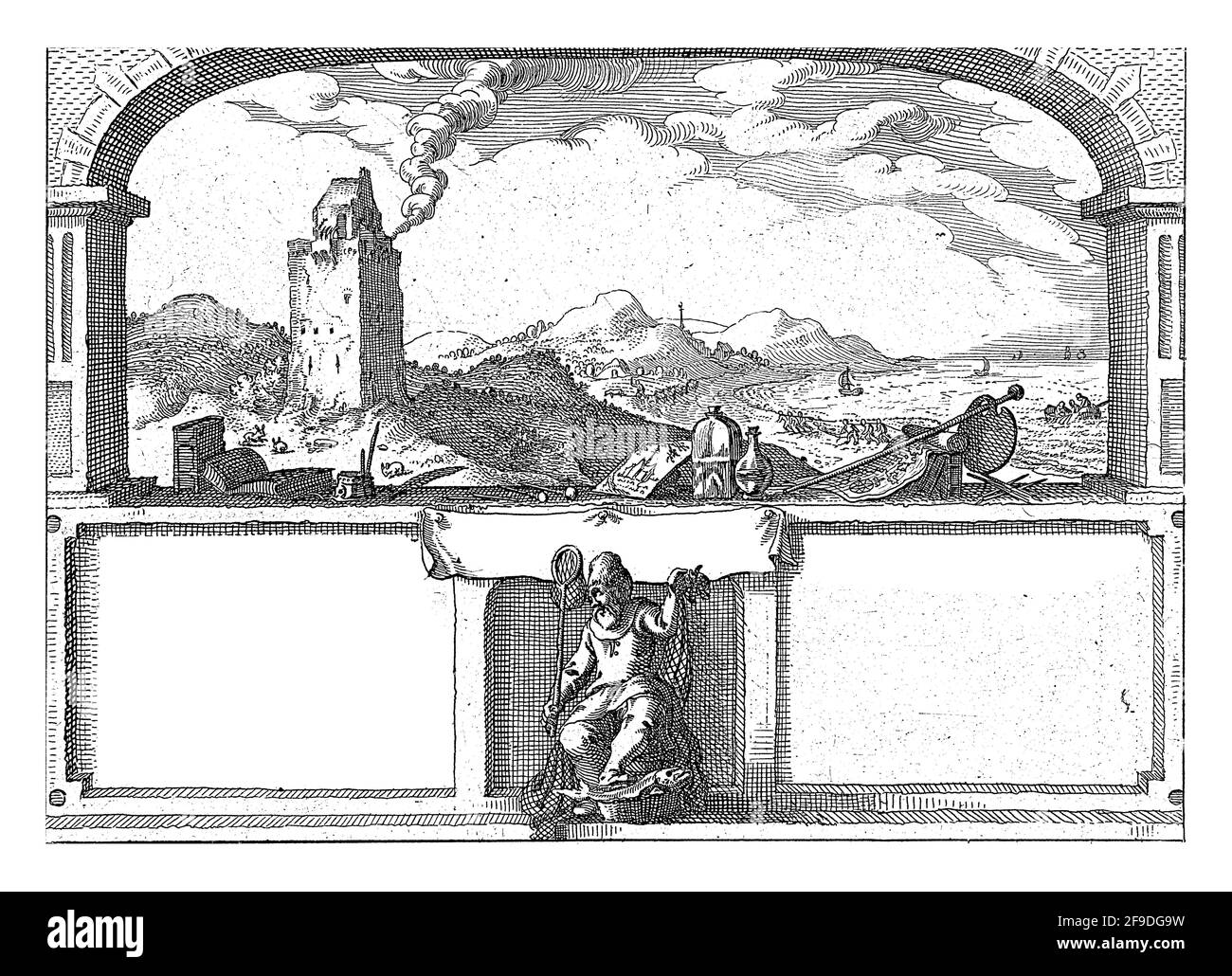 Vue sur le phare de Zandvoort, installé dans une fenêtre en forme d'arche. Dans le livre de premier plan et les attributs d'imprimante. En dessous de la scène, deux images se situent entre les deux Banque D'Images