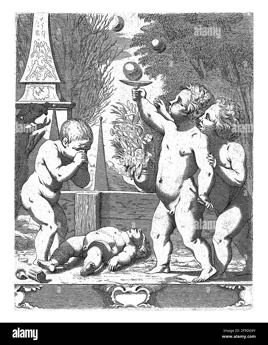 A droite, deux putti soufflants de bulles dans un jardin au printemps, symbolisant la vie. A gauche un puto mort et un autre le pleurant. Banque D'Images