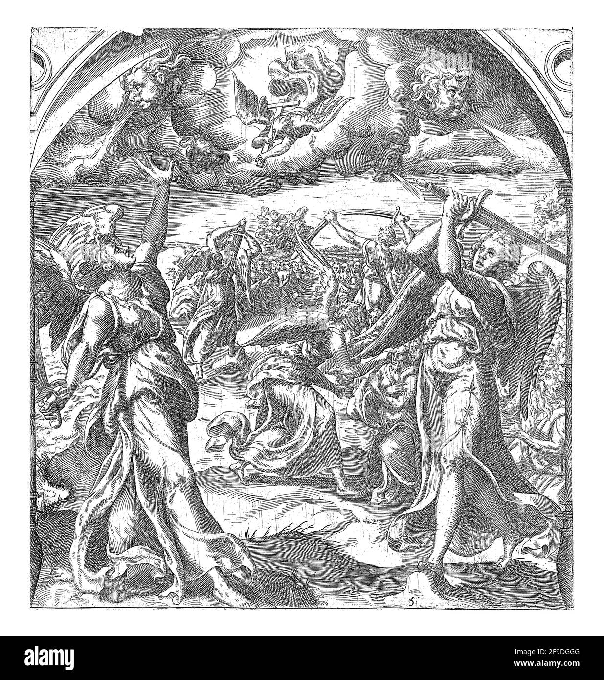 Quatre anges tiennent les quatre vents de la terre en contrôle avec des épées. Un autre ange descend du ciel avec une croix. Il bénit ensuite les préliminaires de t Banque D'Images