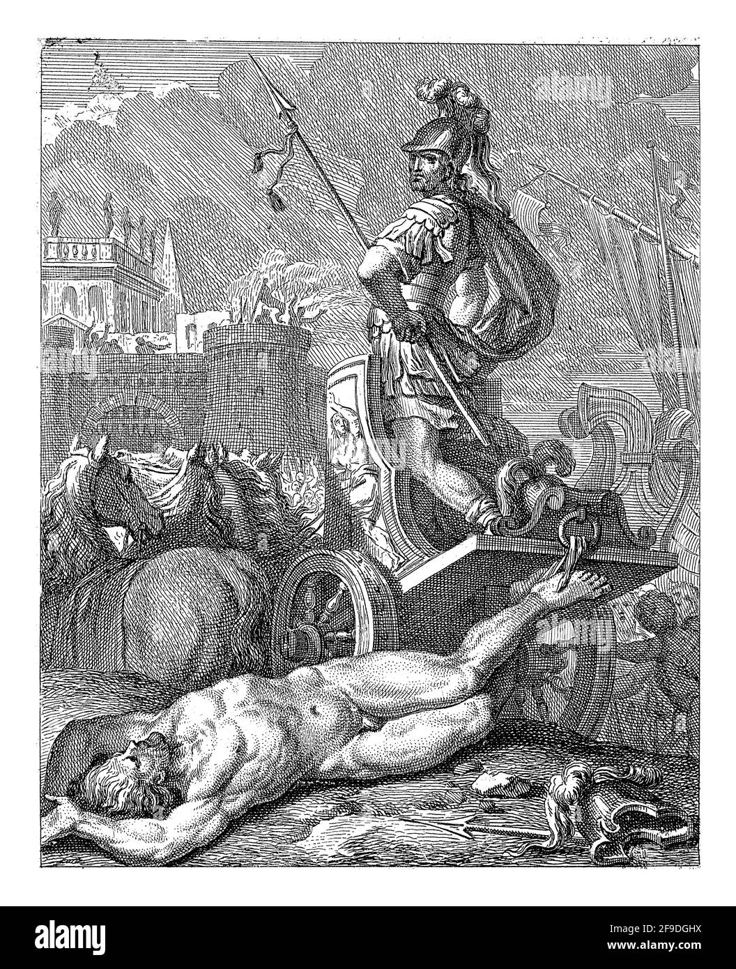 Achille debout sur son char, vu de derrière. Derrière la familiale se trouve le corps de Hector. En arrière-plan gauche le mur de ville de Troy Banque D'Images