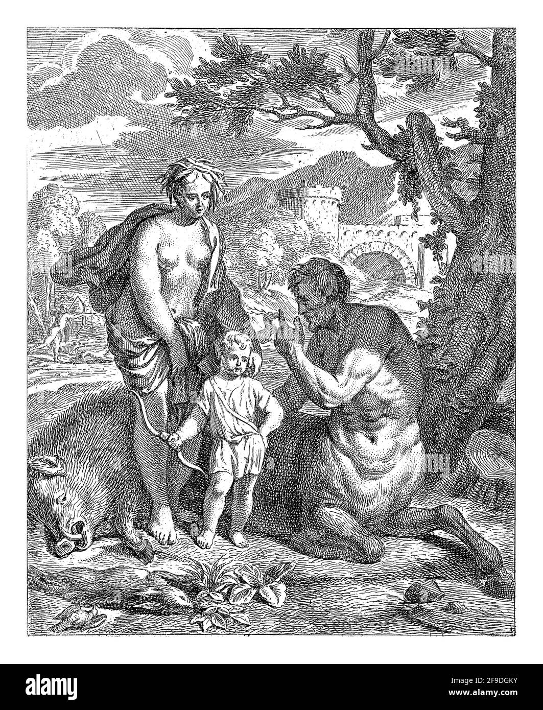 Paysage avec Thetis et le jeune Achille avec arc et flèche, enseigné par Chiron. Sur la gauche, un sanglier, un lièvre et un oiseau, se référant aux leçons de chasse Banque D'Images