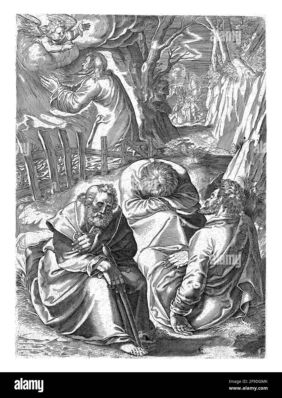 Christ prie sur le Mont des oliviers et un ange apparaît devant lui et lui donne un calice. Banque D'Images