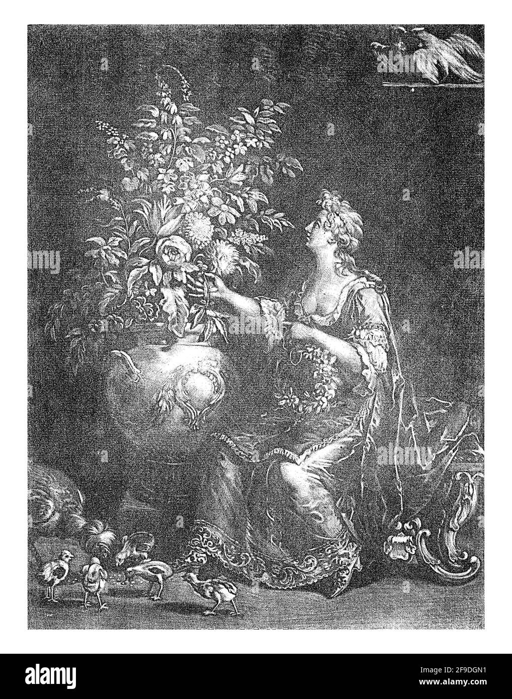 Représentation allégorique du printemps. Une jeune femme plaide une couronne de printemps; elle prend les fleurs nécessaires du grand vase à côté d'elle. Banque D'Images